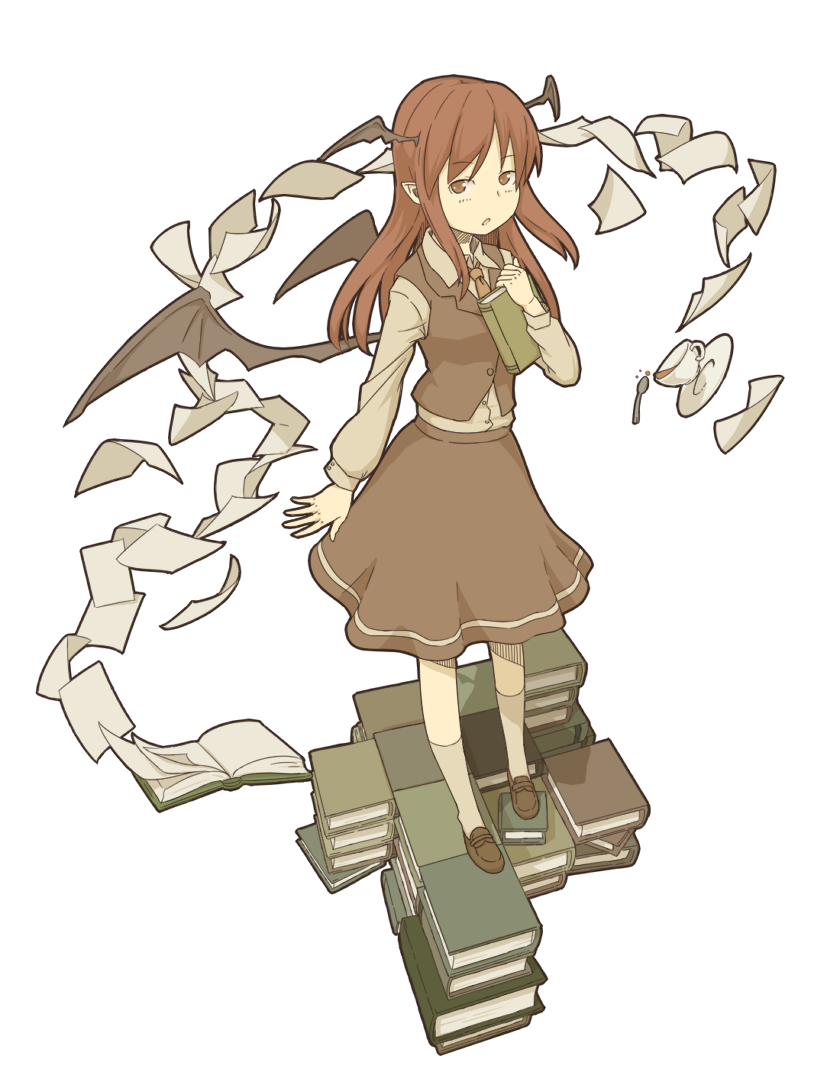 :o bat_wings book cup dress_shirt head_wings kahasina kawashina_(momen_silicon) koakuma long_hair long_sleeves low_wings necktie open_book paper pointy_ears red_eyes red_hair redhead shirt simple_background skirt skirt_set solo spoon tea teacup the_embodiment_of_scarlet_devil touhou vest white_shirt wings