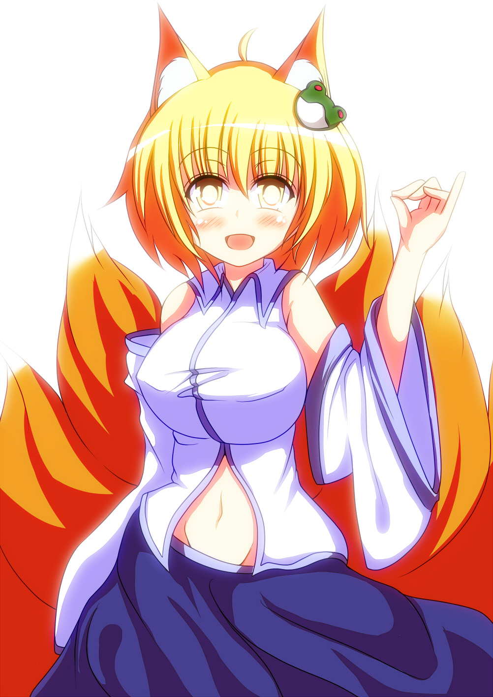ahoge animal_ears blonde_hair breasts cosplay detached_sleeves fox_ears fox_tail frog_hair_ornament hair_ornament highres kochiya_sanae kochiya_sanae_(cosplay) merry_(diameri) multiple_tails navel open_mouth short_hair skirt smile solo tail touhou yakumo_ran yellow_eyes