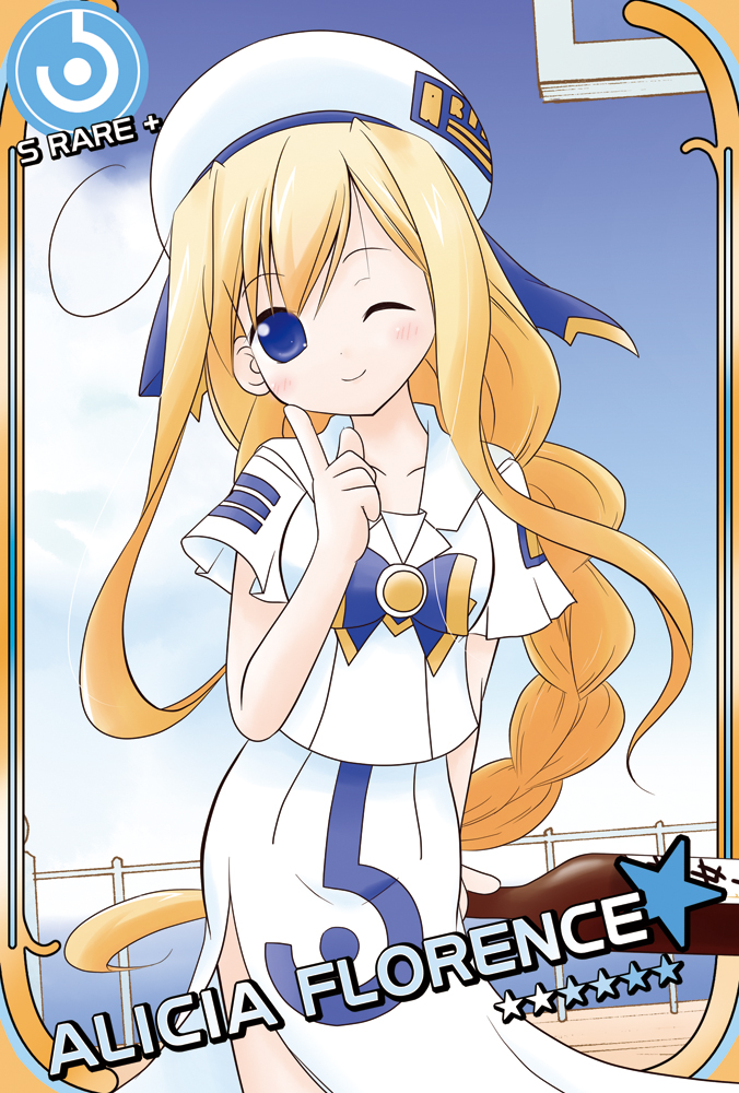 alicia_florence aria arm_behind_back blonde_hair blue_eyes bottle braid character_name cinderella_girls_card_parody hat holding idolmaster idolmaster_cinderella_girls long_hair naono_naoru parody single_braid smile solo star uniform wink