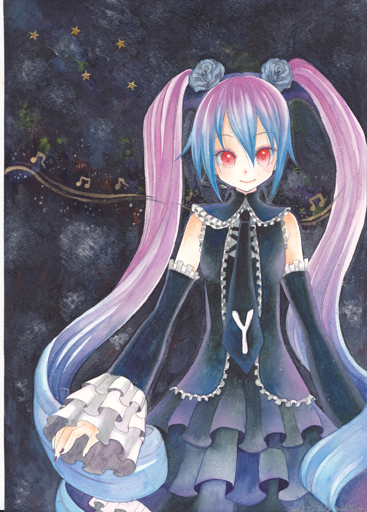 anti_the_holic_(vocaloid) bare_shoulders blue_hair detached_sleeves dress flower gradient_hair hair_flower hair_ornament hatsune_miku hatsune_miku_no_shoushitsu_(vocaloid) headset long_hair mosho multicolored_hair musical_note nail_polish necktie pink_hair project_diva project_diva_2nd red_eyes sleeves_past_wrists smile solo traditional_media twintails very_long_hair vocaloid