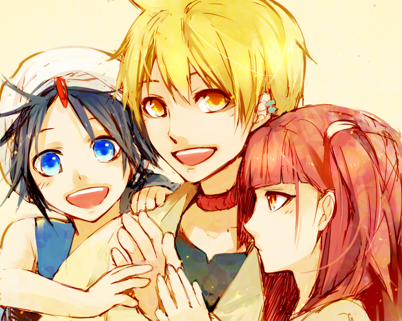 2boys :d aladdin_(magi) ali_baba_saluja aoshiki black_hair blonde_hair blue_eyes hand_on_shoulder magi_the_labyrinth_of_magic morgiana multiple_boys open_mouth red_eyes red_hair redhead smile turban yellow_eyes