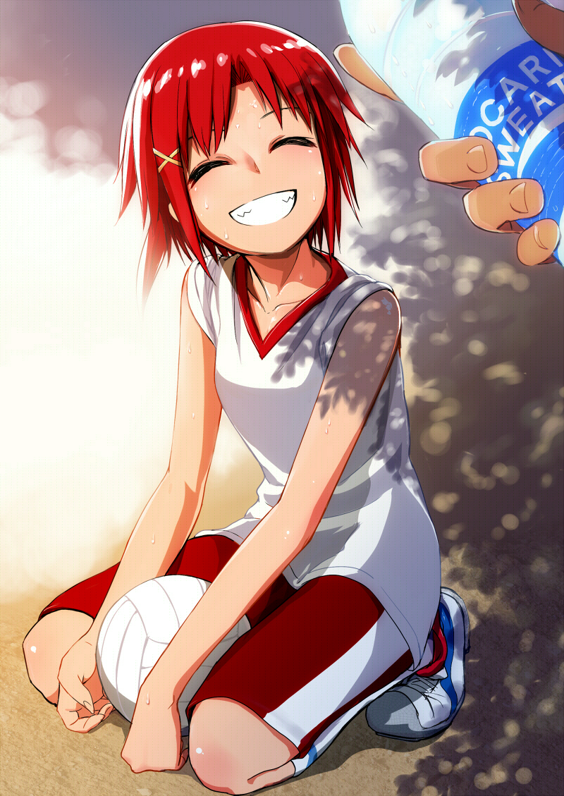 ball bottle closed_eyes drink eyes_closed grin gym_shorts hair_ornament hairclip hands hino_akane kamereon kneeling pocari_sweat precure product_placement red_hair redhead shadow shoes short_hair shorts smile smile_precure! sneakers socks solo sportswear squatting teeth volleyball