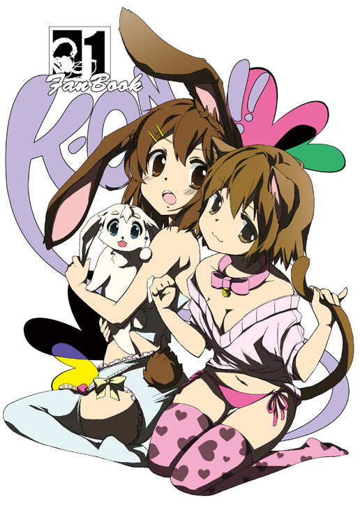 :3 :o animal animal_ears animalization bare_shoulders bell blue_eyes bowtie breasts brown_eyes brown_hair bunny bunny_ears bunny_tail cat_ears cat_tail cleavage hair_ornament hairclip haruna_mahiru heart_print hirasawa_yui holding k-on! kotobuki_tsumugi multiple_girls off_shoulder panties pinky_out print_legwear rabbit side-tie_panties sitting tail tainaka_ritsu thigh-highs thigh_gap thighhighs title_drop underwear wariza