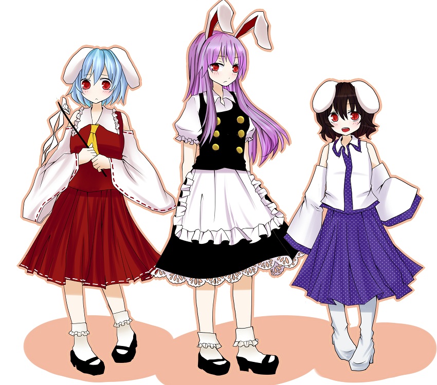 :< _sleeves animal_ears ankle_socks apron arms_behind_back bad_id bakatoiuyatugabaka bare_shoulders black_hair blue_hair blush bobby_socks boots bunny_ears buttons cosplay detached_sleeves dress_shirt frills frown gohei hakurei_reimu hakurei_reimu_(cosplay) hands_in_sleeves inaba_tewi kirisame_marisa kirisame_marisa_(cosplay) kochiya_sanae kochiya_sanae_(cosplay) lace long_hair looking_at_viewer mary_janes miko multiple_girls neckerchief open_mouth outline puffy_detached_sleeves puffy_short_sleeves puffy_sleeves purple_hair red_eyes reisen reisen_udongein_inaba shadow shirt shoes short_hair short_sleeves simple_background skirt socks standing touhou vest white_background white_boots wide_sleeves