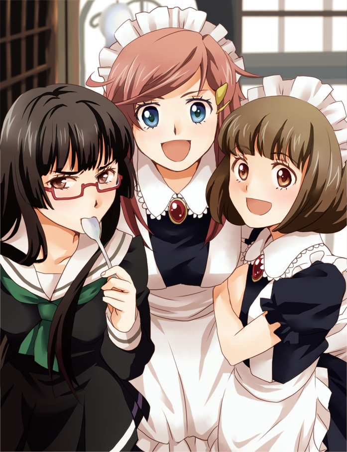 :d apron black_hair blue_eyes brown_eyes brown_hair chiaki_kurihara endou_mami female glasses hair_ornament hairclip hime_cut katou_marika long_hair maid maid_headdress miniskirt_pirates mouth_hold multiple_girls open_mouth pink_hair school_uniform short_hair smile spoon touka_(dolce_mix)