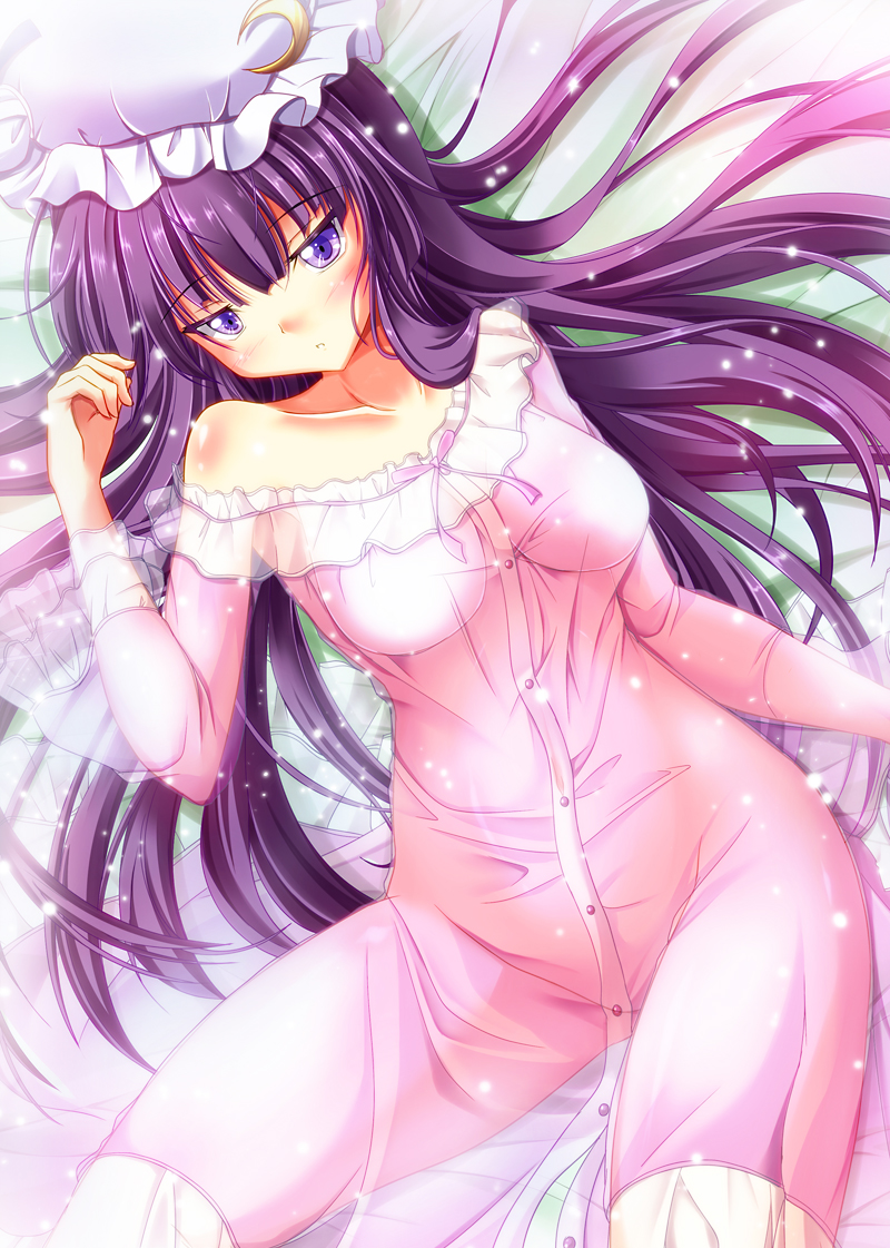 alternate_costume alternate_hairstyle bare_shoulders breasts campbell_(pixiv) collarbone crescent hat large_breasts long_hair lying mound_of_venus nightgown off_shoulder on_back patchouli_knowledge purple_eyes purple_hair see-through solo touhou very_long_hair violet_eyes