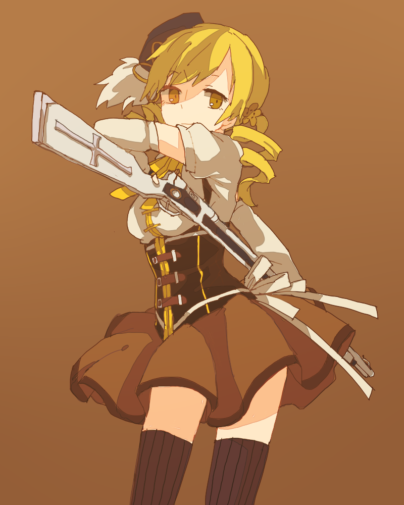 brown_background corset dress drill_hair gun hat lemontea magical_musket mahou_shoujo_madoka_magica simple_background solo thigh-highs thighhighs tomoe_mami twin_drills weapon yellow_eyes