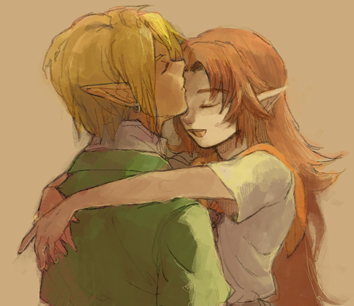 1girl blonde_hair brown_background brown_hair closed_eyes couple earrings eyes_closed forehead_kiss happy hug hylian jewelry kiss link long_hair love malon nintendo ocarina_of_time open_mouth penta5 pointy_ears scarf short_hair short_sleeves smile the_legend_of_zelda