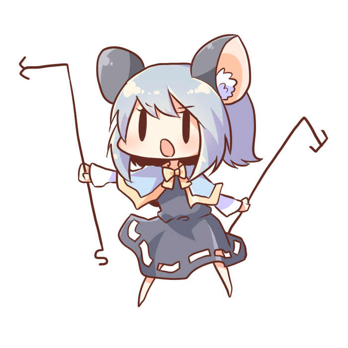 1girl animal_ears bad_id blue_hair capelet chibi dress holding koza mouse_ears nazrin open_mouth simple_background solid_circle_eyes solid_oval_eyes solo touhou white_background