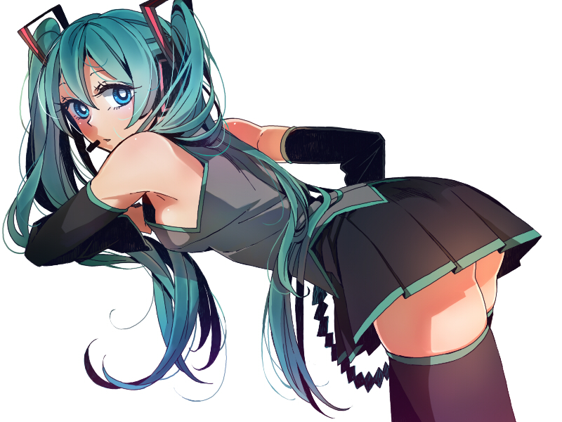 aqua_hair armpits ateka bare_shoulders bent_over blue_eyes boots breasts detached_sleeves hair_ribbon hatsune_miku headset long_hair looking_back ribbon sideboob skirt solo thigh-highs thigh_boots thighhighs twintails very_long_hair vocaloid zettai_ryouiki