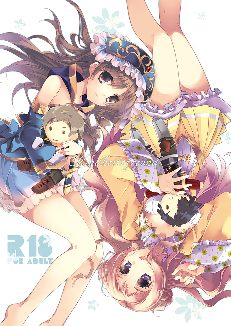 atelier_(series) atelier_meruru atelier_totori barefoot blonde_hair blue_dress blue_eyes brown_eyes brown_hair character_doll character_request detached_sleeves dress frills german gino_knab hairband lias_falken long_hair merurulince_rede_arls mizuki_(pixiv2254368) multiple_girls skirt text totooria_helmold translated upside-down white_background yellow_dress