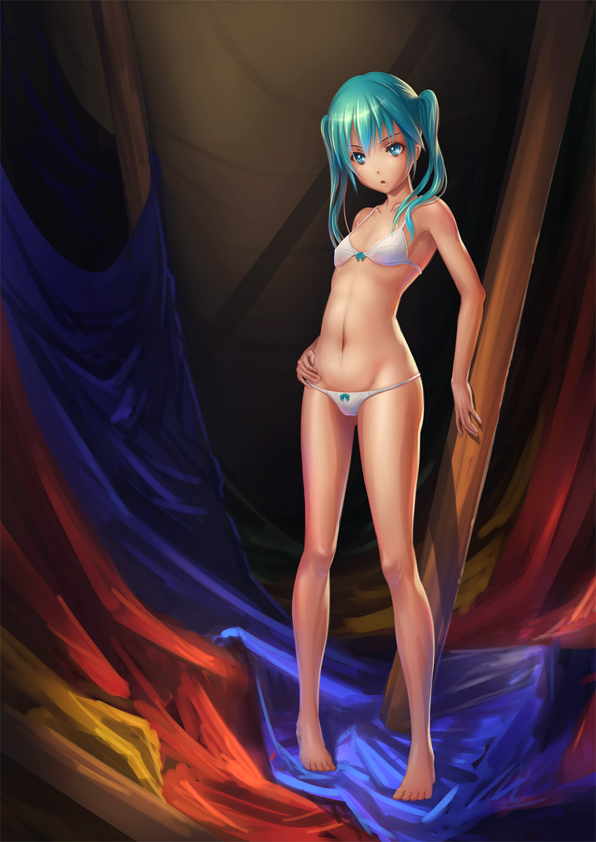 aqua_eyes aqua_hair barefoot bra hatsune_miku highres lingerie navel open_mouth panties pinakes solo standing twintails underwear underwear_only vocaloid white_bra white_panties