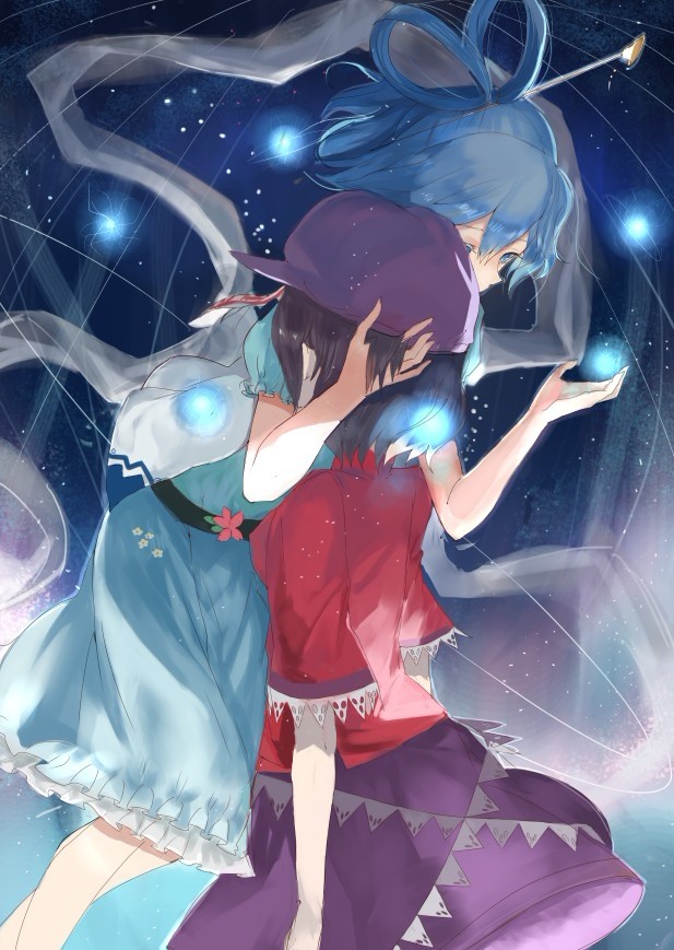 bad_id black_hair blue_eyes blue_hair daro_(645046276) dress hair_rings hair_stick hat kaku_seiga miyako_yoshika multiple_girls shawl short_hair touhou vest