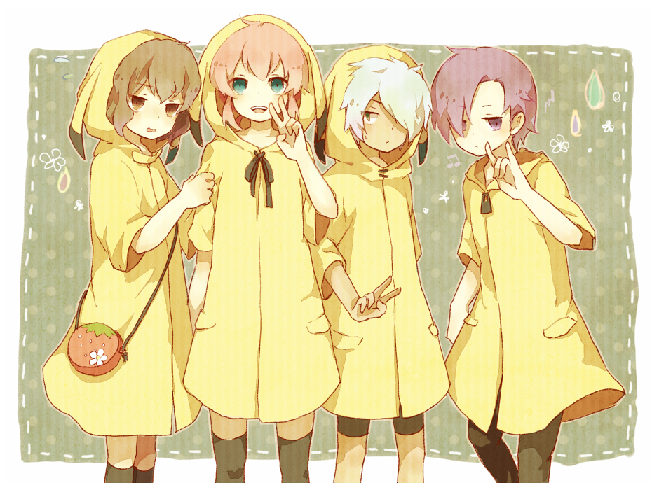 \m/ aqua_eyes brown_eyes brown_hair fubuki_shirou hair_over_one_eye inazuma_eleven inazuma_eleven_(series) inazuma_eleven_go kirino_ranmaru magicsquare0 male minamisawa_atsushi multiple_boys pink_hair purple_eyes purple_hair raincoat shindou_takuto sleeve_tug thigh-highs thighhighs twintails v violet_eyes white_hair