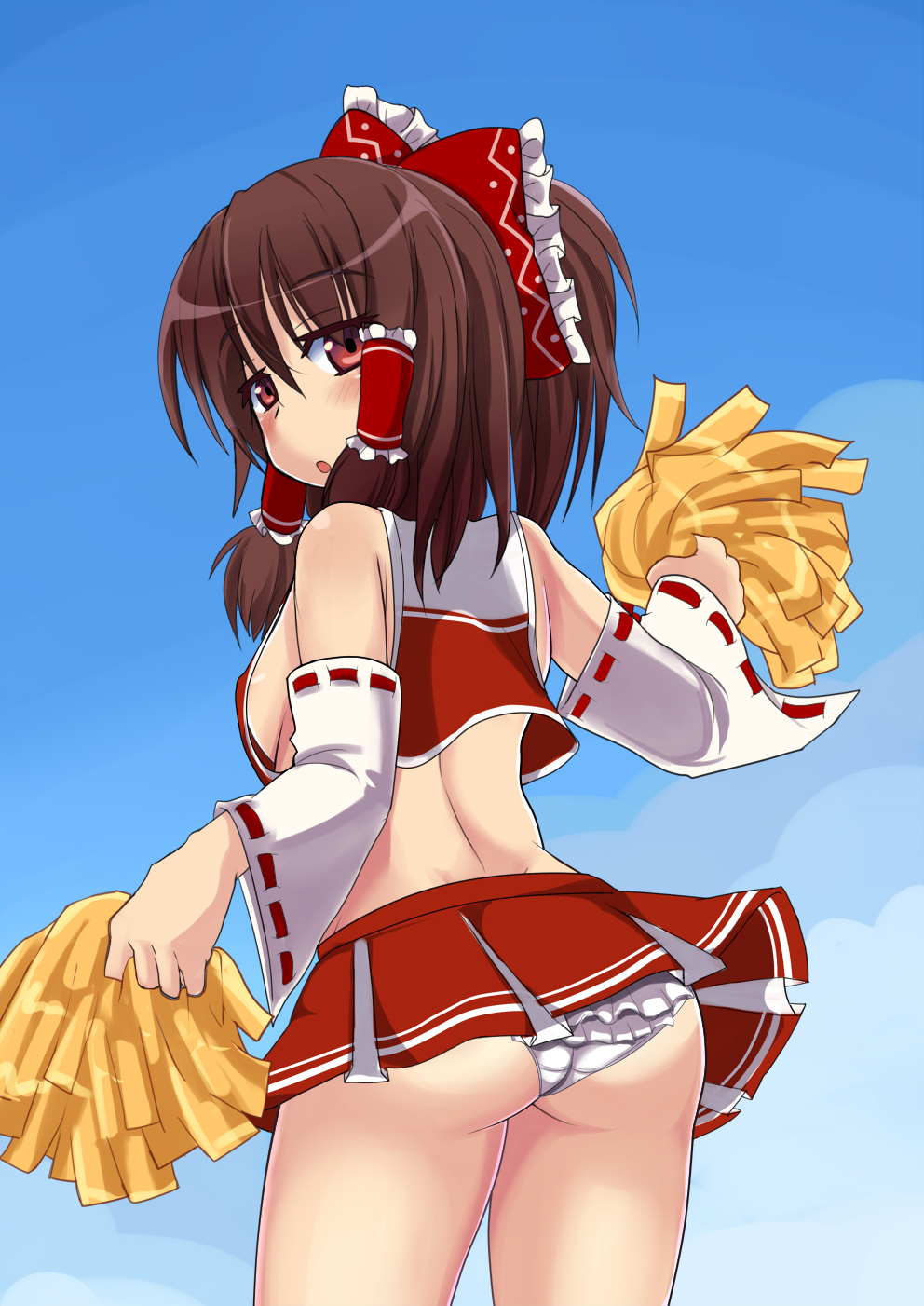 adapted_costume arm_up ass blue_sky bow breasts brown_eyes brown_hair cheerleader comord detached_sleeves hair_bow hair_tubes hakurei_reimu highres japanese_clothes midriff miko open_mouth panties pom_poms shirt sideboob skirt skirt_set sky solo touhou turning underwear white_panties