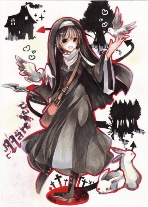 :d bird brown_eyes brown_hair bunny colored_pencil_(medium) cross cross_necklace dove heart jewelry marchen necklace nun nun_(marchen) open_mouth pastel_(medium) rabbit satsuan0120 smile solo sound_horizon title_drop traditional_media tree