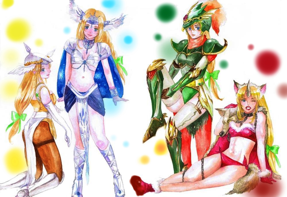 animal_ears armor bikini blonde_hair blue_eyes boots bow cape chain chains choker dragon_master elbow_gloves fenrir_knight gauntlets gloves hair_bow head_wings helmet imouto_hitori kneeling lipstick loincloth long_hair makeup midriff multiple_persona pantyhose riesz scarf seiken_densetsu seiken_densetsu_3 star_lancer swimsuit thighhighs traditional_media vanadis watercolor_(medium) winged_helmet wink wolf wolf_ears