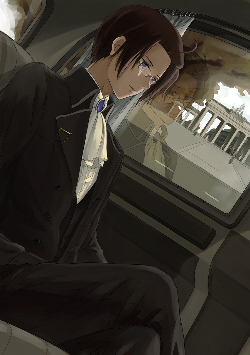 ahoge austria_(hetalia) axis_powers_hetalia brooch brown_hair car car_interior cravat crossed_legs formal glasses jewelry legs_crossed male motor_vehicle purple_eyes reflection semillon sitting solo suit vehicle violet_eyes window