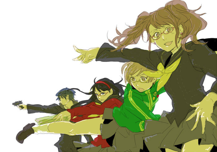 :d amagi_yukiko androgynous bare_legs black_hair blue_hair breasts brown_eyes brown_hair cardigan crossdressing fan fighting_stance glasses group_profile gun hairband kujikawa_rise legs lineup long_hair long_twintails looking-away looking_at_viewer looking_away multiple_girls open_mouth persona persona_4 profile reverse_trap revolver satonaka_chie school_uniform serafuku serious shirogane_naoto short_hair skirt smile standing sweater tomboy trauma8 twintails v weapon