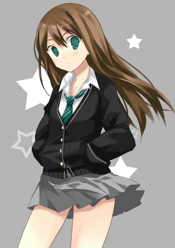 blush brown_hair cardigan dress_shirt green_eyes hands_in_pockets idolmaster idolmaster_cinderella_girls long_hair necktie pleated_skirt school_uniform shibuya_rin shirt skirt solo star takase_kanan