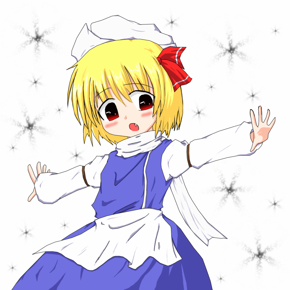 :o apron armband blonde_hair blush_stickers cosplay fang hair_ribbon hat iruru5666 letty_whiterock letty_whiterock_(cosplay) long_sleeves looking_at_viewer open_hand open_mouth outstretched_arms red_eyes ribbon rumia scarf shirt short_hair simple_background skirt snowflakes solo touhou vest white_background