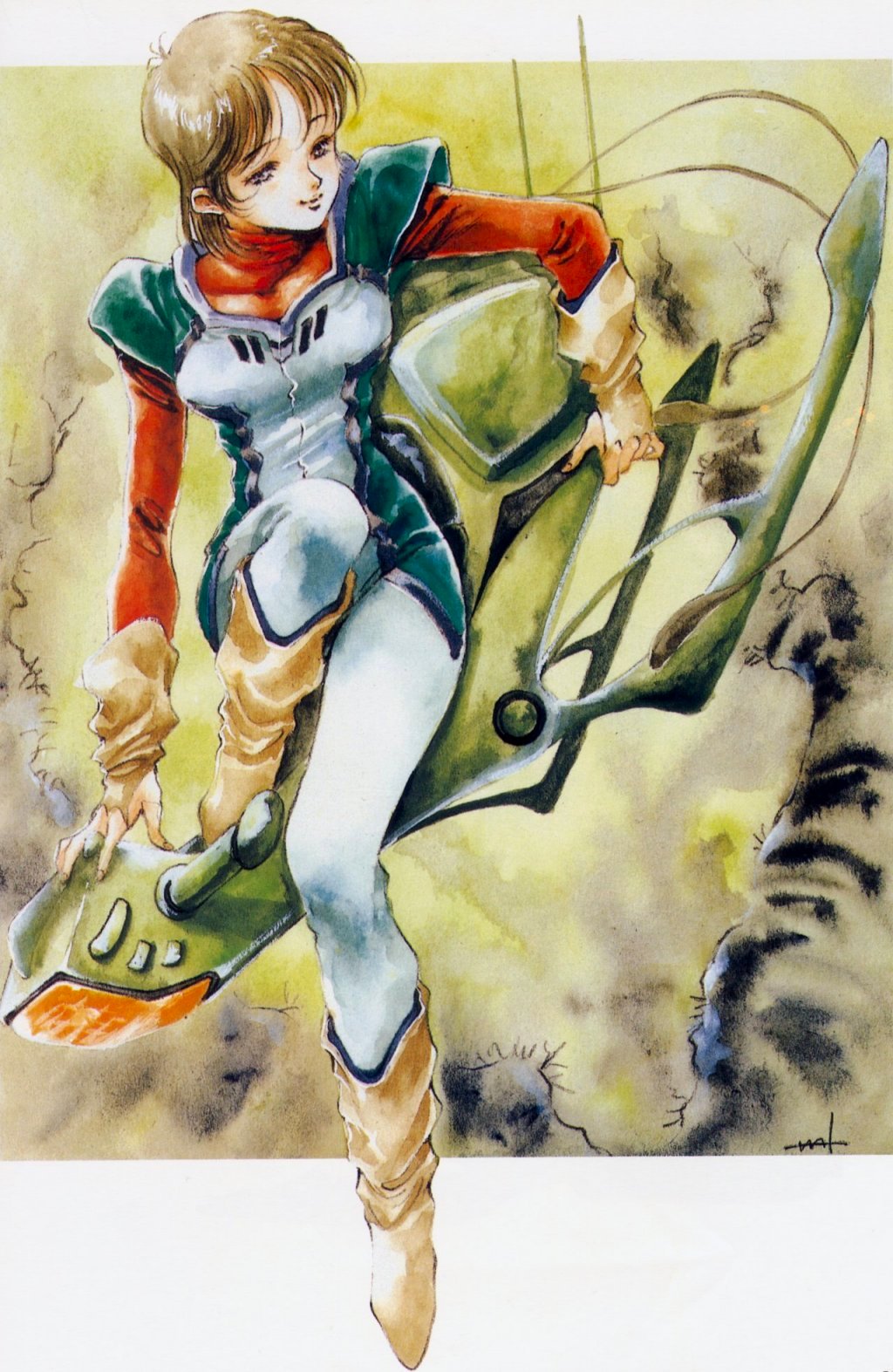 alien blue_eyes bodysuit boots brown_hair choujikuu_seiki_orguss emaan fingerless_gloves floating gloves highres hover_bike lips mikimoto_haruhiko mimsy_raas mullet mutant official_art oldschool orguss pilot_suit prehensile_hair production_art promotional_art science_fiction traditional_media vehicle zero_gravity