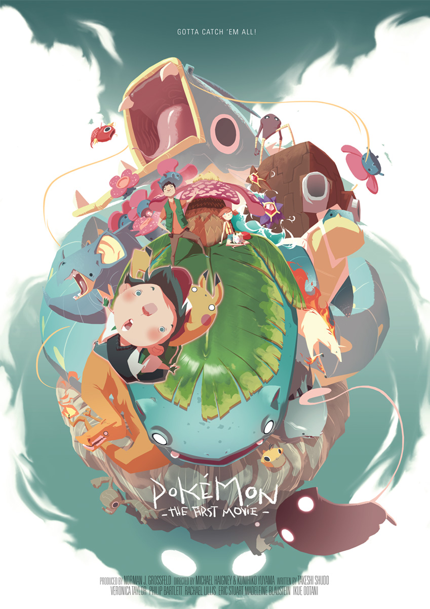 2boys black_hair blastoise brown_hair charizard child english everyone geodude giant glowing glowing_eyes highres hitmonlee kasumi_(pokemon) magikarp mew movie_poster multiple_boys nidoqueen open_mouth orange_hair pikachu pokemon pokemon_(anime) psyduck rapidash rhyhorn satoshi_(pokemon) satoshi_(pokemon)_(classic) starmie staryu takeshi_(pokemon) tien_hee title_drop togepi venusaur vileplume