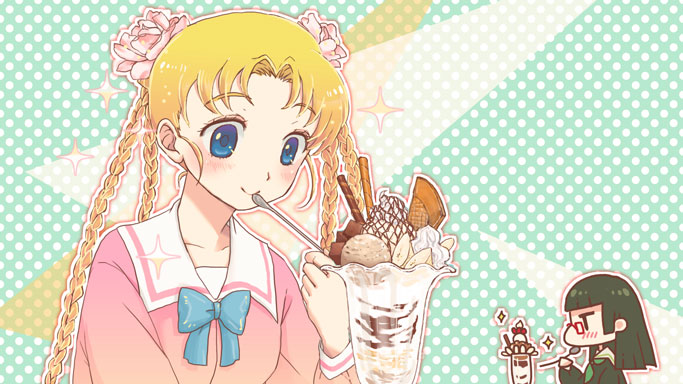 black_hair blonde_hair blue_eyes blush bow chiaki_kurihara eating food gruier_serenity ice_cream long_hair miniskirt_pirates multiple_girls nagashino_torashige parfait quad_braids school_uniform sundae