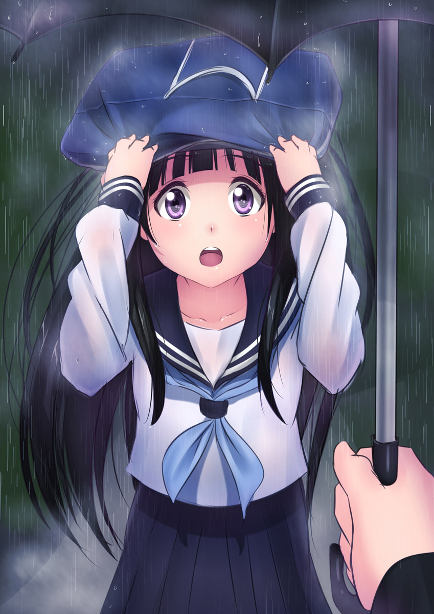 1girl :o bag black_hair chitanda_eru highres hyouka kai_(link2262) long_hair open_mouth pleated_skirt purple_eyes rain school_bag school_uniform serafuku skirt umbrella violet_eyes