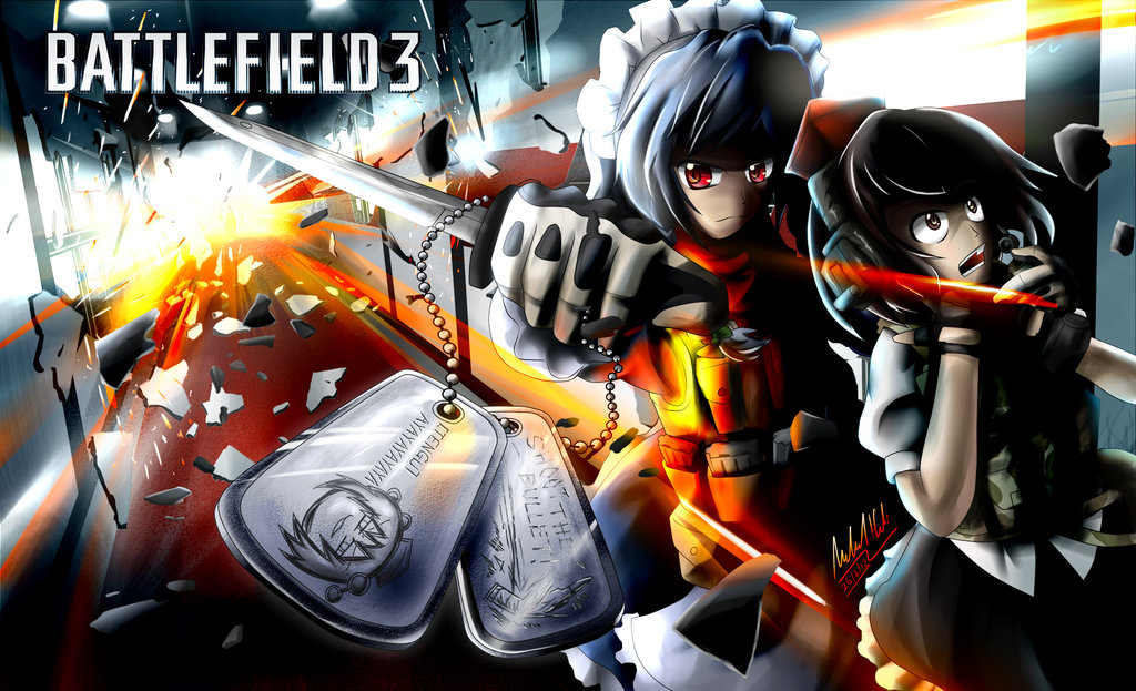 apron battlefield_(series) battlefield_3 braid brown_eyes brown_hair dog_tags explosion hat headlock izayoi_sakuya knife looking_at_viewer maid maid_headdress multiple_girls open_mouth red_eyes scarf shameimaru_aya short_hair silver_hair ssgt-lulz tokin_hat touhou white_hair yukkuri_shiteitte_ne