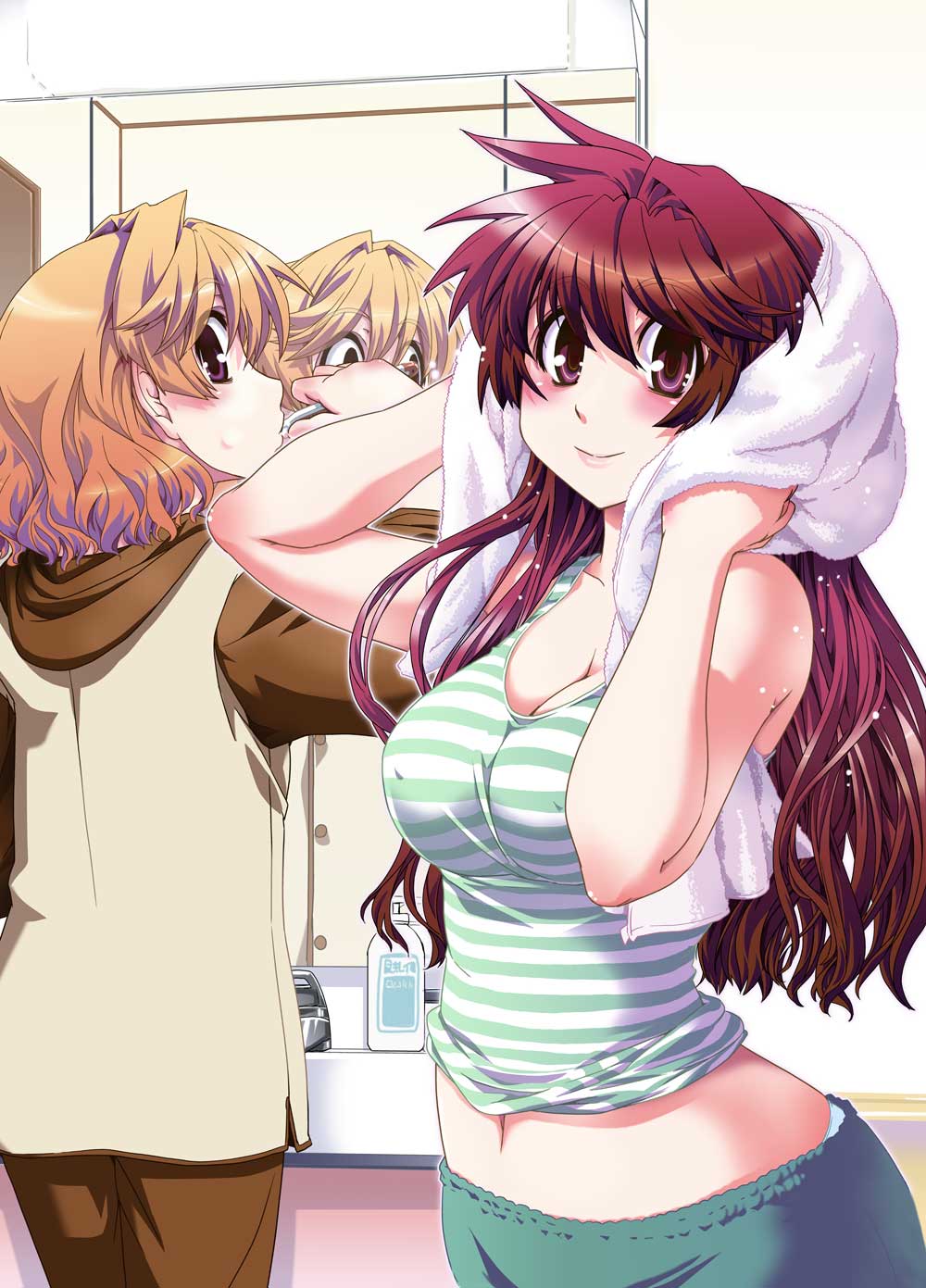 blonde_hair blush breasts brown_eyes brown_hair brushing_teeth drying_off fetix! hashinomoto_maaya hashinomoto_rintarou highres ikuya ikuya_daikokudou long_hair midriff navel red_eyes red_hair redhead short_hair smile tank_top towel trap