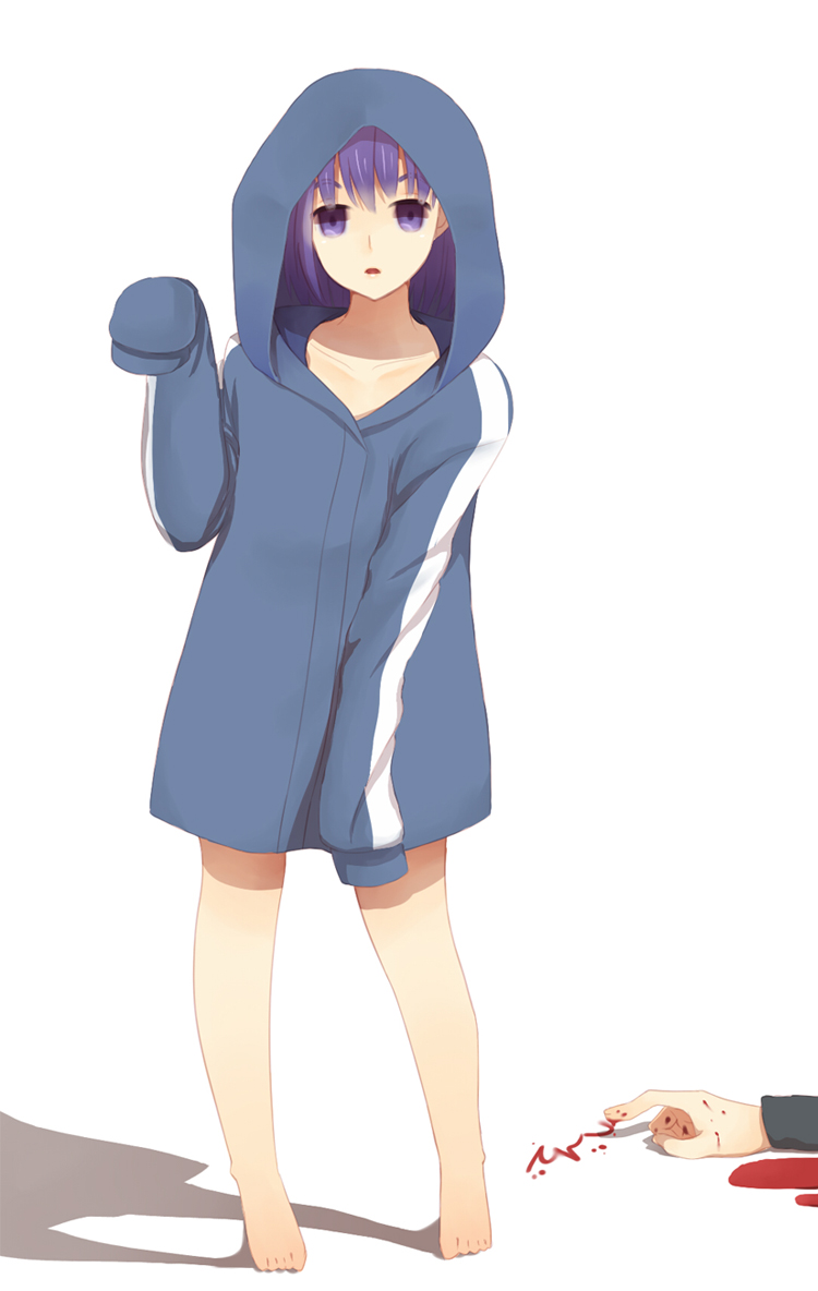 barefoot blood dying_message fate/zero fate_(series) hood hoodie kisaragi_n matou_kariya matou_sakura oversized_clothes purple_eyes purple_hair sleeves_past_wrists so_moe_i'm_gonna_die! so_moe_i'm_gonna_die! violet_eyes