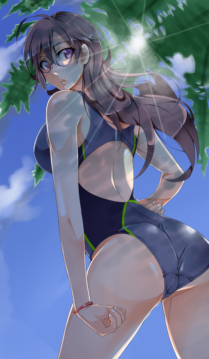 black_hair competition_swimsuit from_behind from_below glasses highres kaeru_(ka=l) long_hair looking_back minamo_maria one-piece_swimsuit original purple_eyes sunbeam sunlight swimsuit violet_eyes