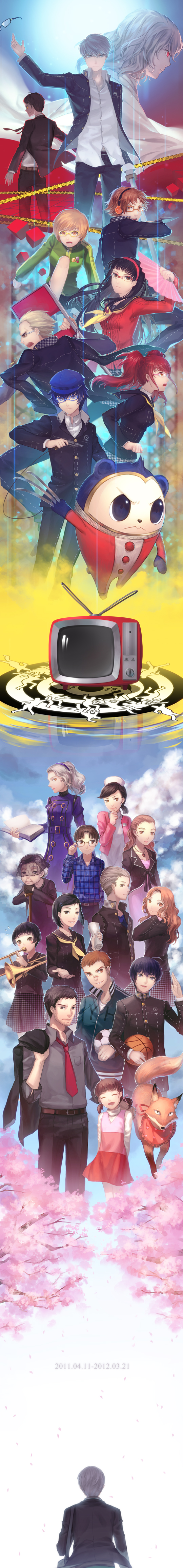 adachi_tooru amagi_yukiko ball basketball black_hair blue-framed_glasses blue_eyes blue_hair brown_eyes brown_hair cabbie_hat cane cherry_blossoms claw_(weapon) cloud clouds doujima_nanako doujima_ryoutarou ebihara_ai everyone fan folding_chair folding_fan fox glasses grey_eyes grey_hair gun hair_ornament hairband hairclip hanamura_yousuke hat highres houndstooth ichijou_kou instrument izanami konishi_naoki kujikawa_rise kuma_(persona_4) kunai kuroda_hisano long_hair long_image margaret matsunaga_ayane minami_eri nagase_daisuke nakajima_shu narukami_yuu nurse nurse_cap open_mouth orange-framed_glasses ozawa_yumi persona persona_4 pink-framed_glasses red-framed_glasses red_eyes red_hair redhead revolver robinexile satonaka_chie school_uniform shirogane_naoto short_hair skirt soccer_ball spoilers tall_image tatsumi_kanji television track_jacket trombone twintails uehara_sayoko veil weapon white_hair yellow-framed_glasses yellow_eyes