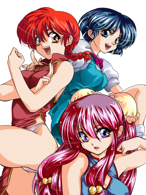 alric aqua_eyes blue_eyes blue_hair braid breasts brown_eyes bun_cover china_dress chinese_clothes cleavage cleavage_cutout double_bun genderswap hair_bobbles hair_ornament hand_on_another's_shoulder lavender_eyes long_hair looking_at_viewer multiple_girls panties pantyshot pink_hair purple_eyes ranma-chan ranma_1/2 red_eyes red_hair saotome_ranma school_uniform shampoo shampoo_(ranma_1/2) short_hair short_sleeves side_slit simple_background single_braid sleeveless smile tendou_akane underwear violet_hair white_background