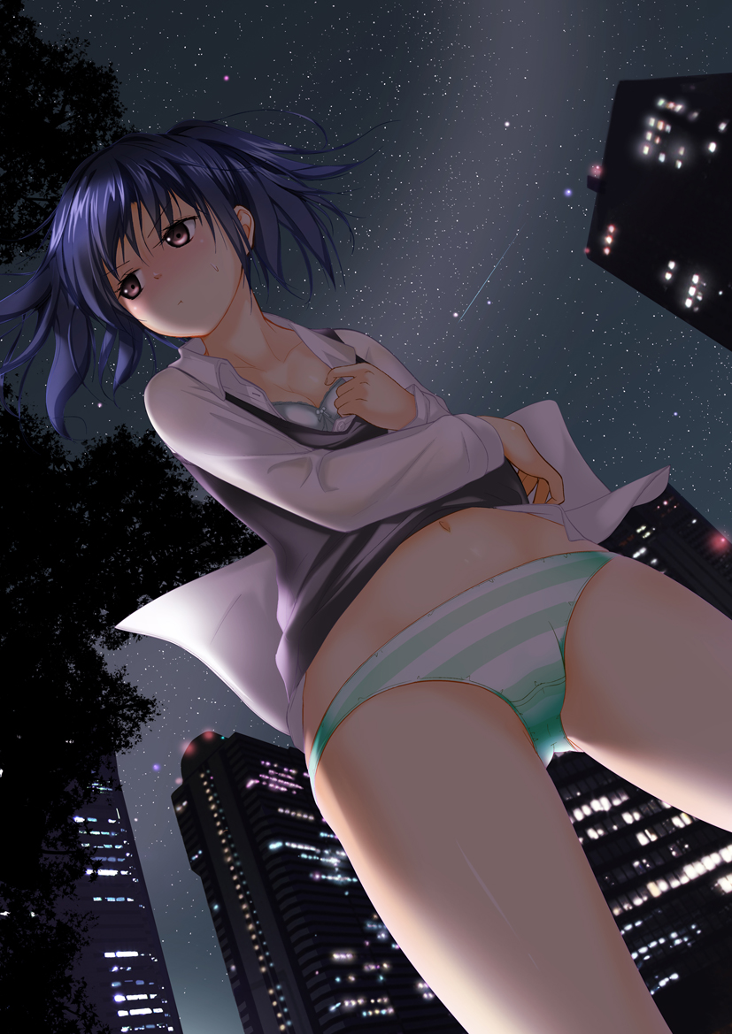 :t blush bra danshi_koukousei_no_nichijou from_behind ikushima_(danshi_koukousei) lingerie navel night night_sky panties pantyshot pout red_eyes shichisei shooting_star short_hair sky solo star_(sky) striped striped_legwear striped_panties sweat underwear undressing white_bra