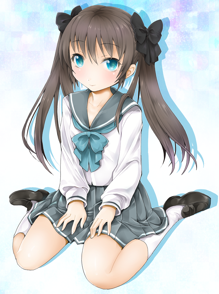 black_hair blue_eyes blush bow hair_bow loafers michii_yuuki original school_uniform shoes sitting smile socks solo twintails wariza white_legwear