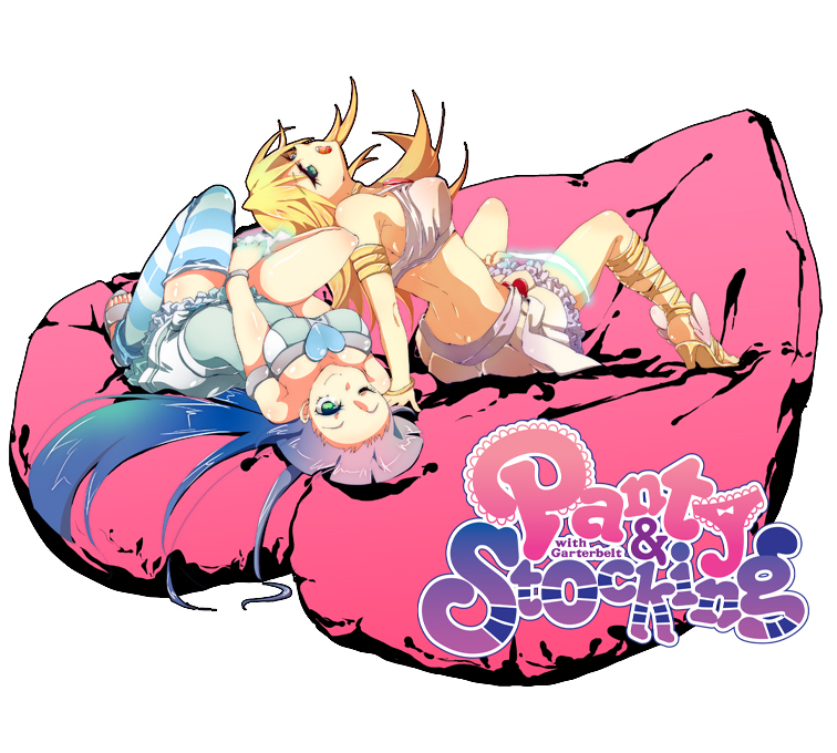 arched_back back chantilly heart long_hair lying multiple_girls panty_&_stocking_with_garterbelt panty_(psg) single_thighhigh stocking_(psg) striped striped_legwear thigh-highs thighhighs title_drop white_background wink