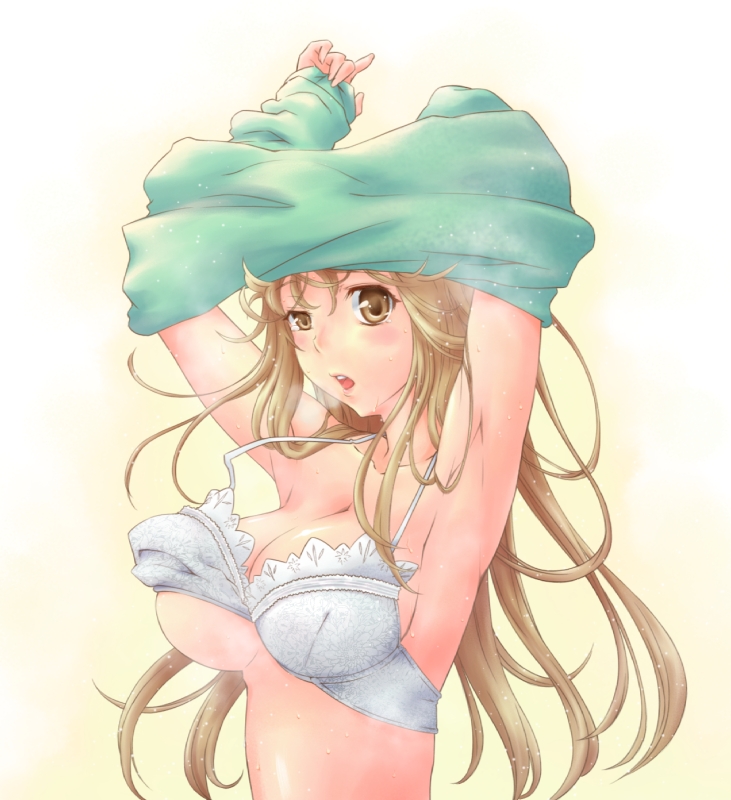 armpits arms_up blush bra breasts brown_eyes brown_hair hoka_no_hito lingerie long_hair open_mouth original solo under_boob underboob underwear undressing white_bra