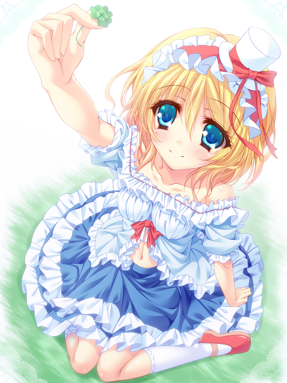 alice_margatroid bare_shoulders blonde_hair blue_eyes blush bow clover four-leaf_clover hairband hat highres navel outstretched_arm short_hair sitting skirt smile solo touhou wariza yayoi_and_nagi