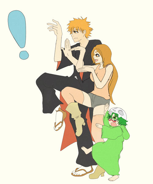 arrancar bleach brown_hair child couple green_hair inoue_orihime kurosaki_ichigo long_hair neliel_tu_oderschvank orange_hair parody shinigami short_hair short_shorts spiky_hair thigh_highs yotsubato! yotsubato!_pose