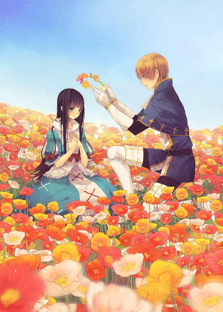 1girl black_hair blonde_hair blue_eyes dress field flower kneeling kurosujuu long_hair marchen schneewittchen short_hair sky smile sound_horizon tettere wreath