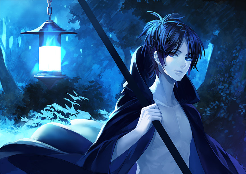 1boy black_hair cape carrying character_request earrings forest glowing jewelry katekyo_hitman_reborn katekyo_hitman_reborn! lantern leaf male nature night pale_skin rokudo_mukuro short_hair topless