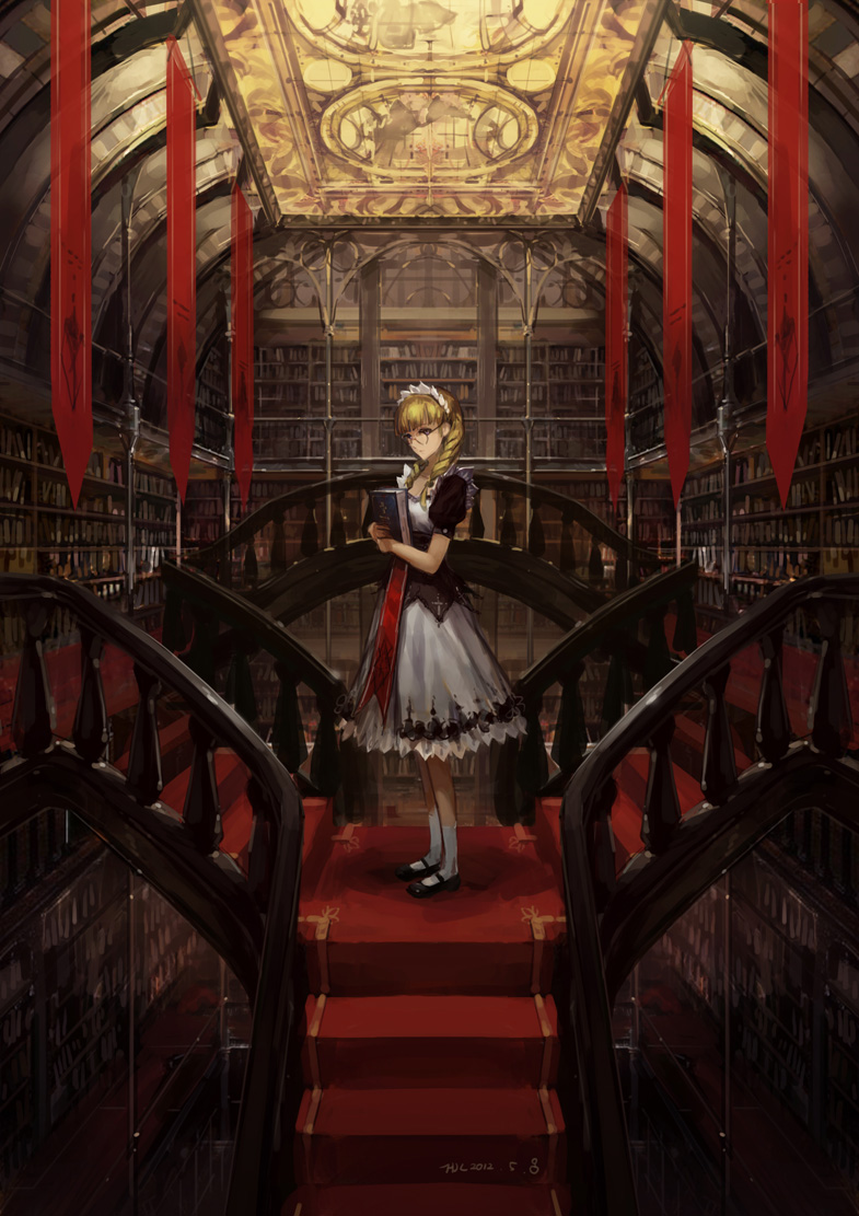 blonde_hair book dress glasses hjl library long_hair maid_headdress pixiv_fantasia pixiv_fantasia_sword_regalia solo stairs