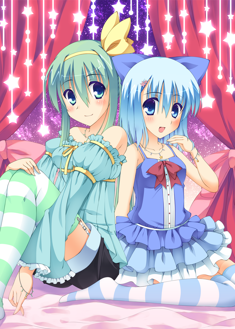 alternate_costume bad_id bare_shoulders blue_eyes blue_hair blue_legwear blush bow bracelet cirno daiyousei dress fujisaki_kaon garter_straps green_hair green_legwear hair_bow hairband jewelry long_hair multiple_girls necklace short_hair shorts sitting smile striped striped_legwear thigh-highs thighhighs touhou
