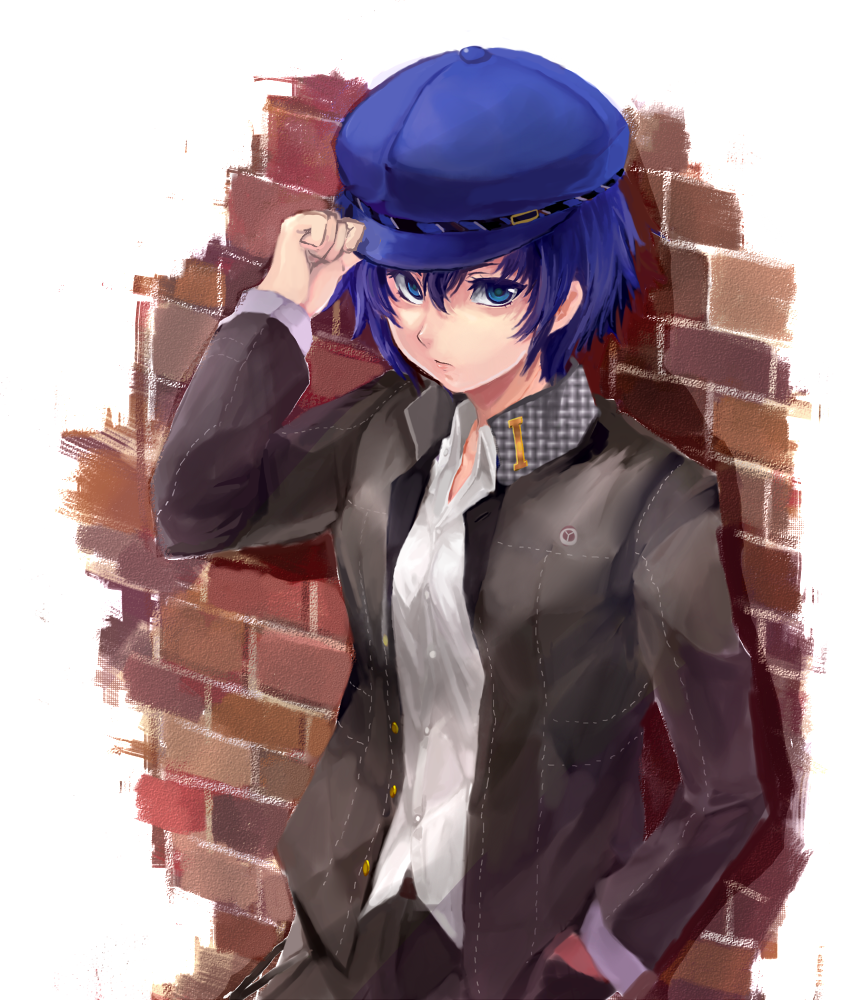 androgynous blue_eyes blue_hair breasts cabbie_hat crossdressing female hand_in_pocket hand_on_hat hat jacket looking_at_viewer pants persona persona_4 reverse_trap school_uniform serious shirogane_naoto solo sowamame standing tomboy