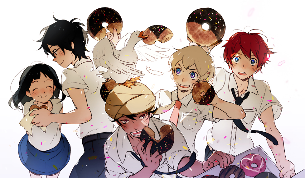 21grams 4boys akira_agarkar_yamada bad_id bird black_hair blonde_hair closed_eyes doughnut duck eating eyes_closed glasses haru_(tsuritama) long_hair multiple_boys red_hair redhead sanada_yuki school_uniform short_hair skirt smile tapioka tsuritama turban usami_natsuki usami_sakura
