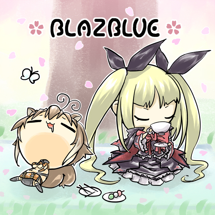 animal_ears antenna_hair blazblue blonde_hair breasts brown_hair butterfly chibi closed_eyes cup dango drinking drooling eyes_closed food gothic_lolita lolita_fashion long_hair makoto_nanaya multiple_girls ougi-modoki rachel_alucard sleeping squirrel_ears squirrel_tail tail teacup title_drop two_side_up under_boob underboob wagashi