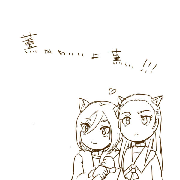 animal_ears azuma_yukihiko cat_ears futari_wa_precure_splash_star heart kiryuu_kaoru kiryuu_michiru long_hair monochrome multiple_girls no_nose precure short_hair simple_background smile translated translation_request white_background