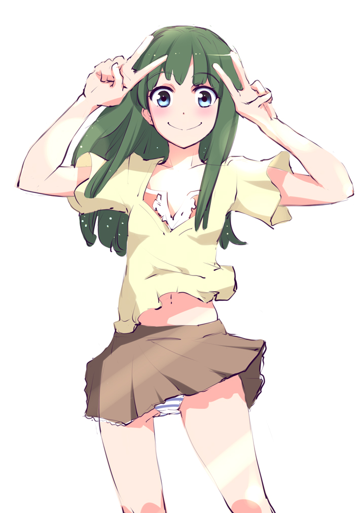 blue_eyes blush double_v green_hair hanaki_yuka long_hair natsuiro_kiseki navel panties pantyshot skirt smile solo striped striped_panties touge_hiro underwear v